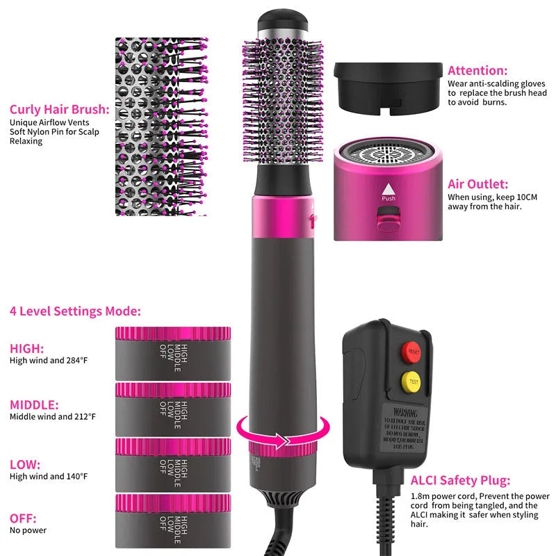 Dyson grey 5-in-1 hair dryer brush and straightening brush with five interchangeable attachments on a white background