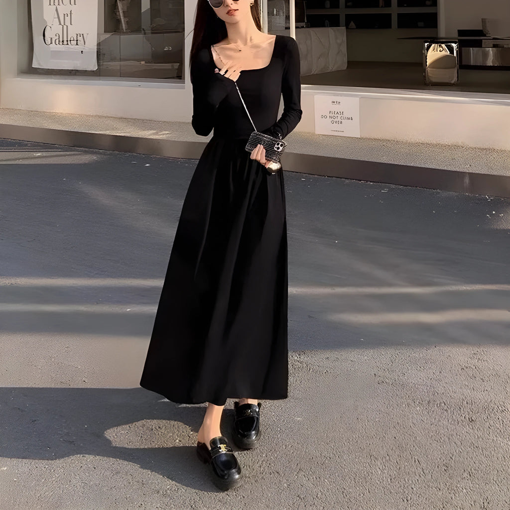 Women's square collar knitted A-line dress with elastic waist in black or grey
