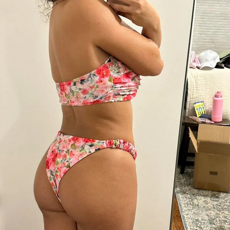 European style floral printed swimwear bikini set with tube top and briefs in blue colour option