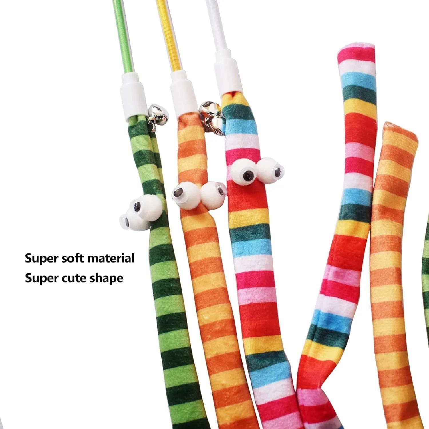 Cat wand toy with colourful plush strip and bell on a polycarbonate pole for interactive play
