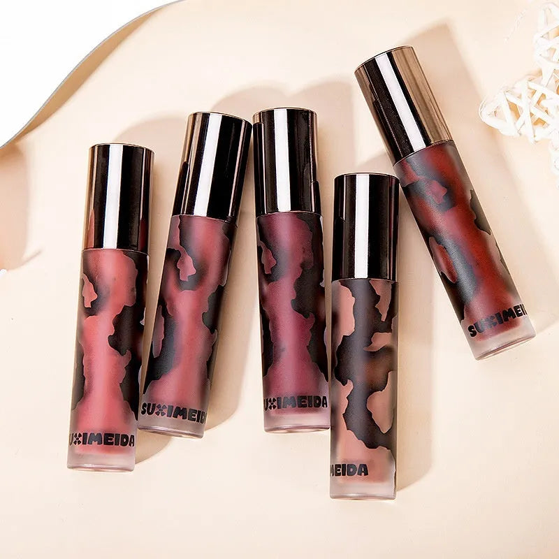 Lava Secret Matte Lip Mud Lipstick in five shades: orange brown coffee, cool grey, cinnamon coffee, jujube red, and smoked purple.