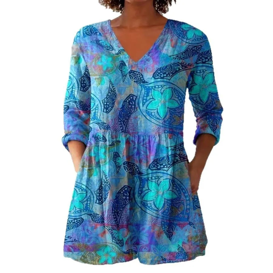 Women's slim fit long-sleeved top with a retro digital print pattern in a colour option.
