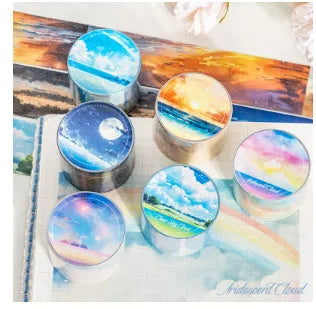 Japanese paper washi tape roll with cloud and sky theme designs including twilight and purple nebula patterns