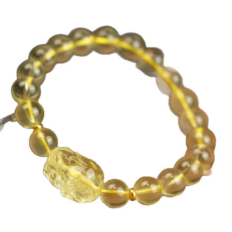 Yellow leather bracelet with citrine artificial crystal beads and Pi Xiu charm in Chinese national style