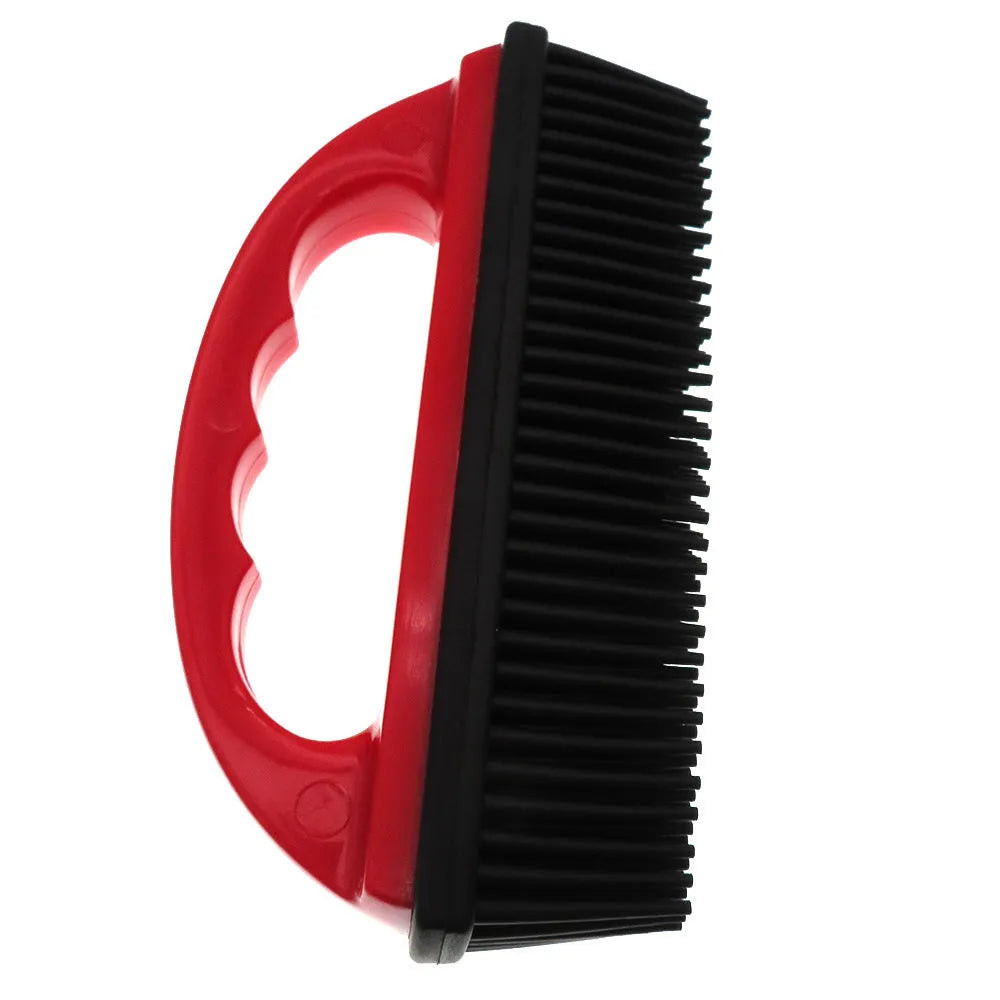 Red plastic pet hair removal brush with massage function for bath time and carpet cleaning