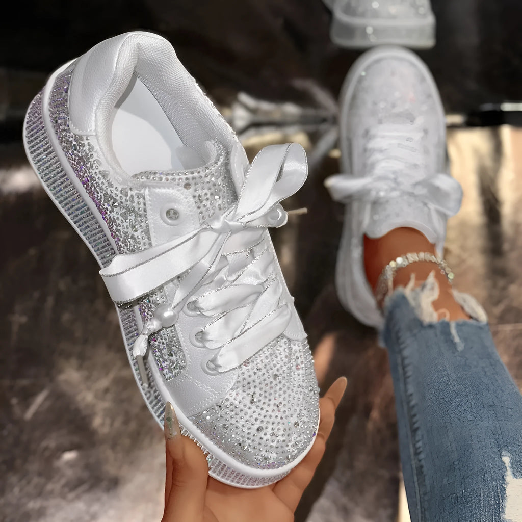 Solid white plus size women's casual shoes with starry rhinestone detailing, low-top design, and rubber sole