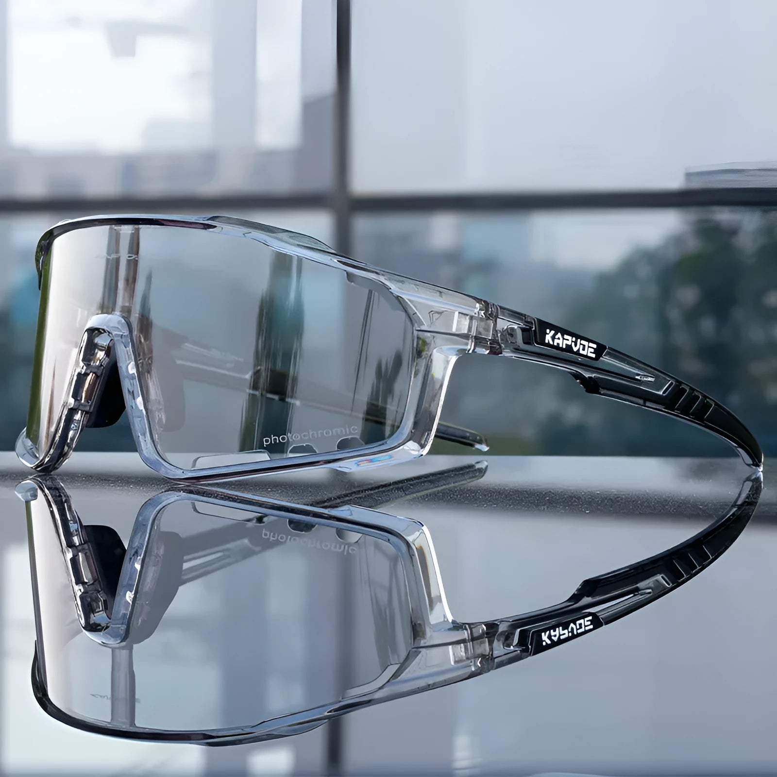 TR90 photochromic cycling goggles with semi-rimless frame and adaptive lens for sports.