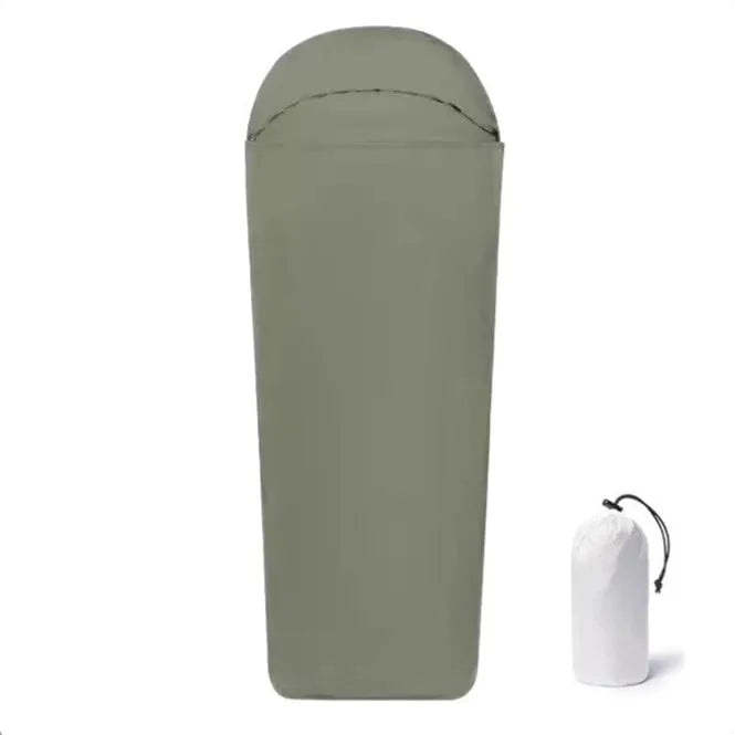 Blue and green nylon mummy camping sleeping bag with plaid lining and compact folded dimensions
