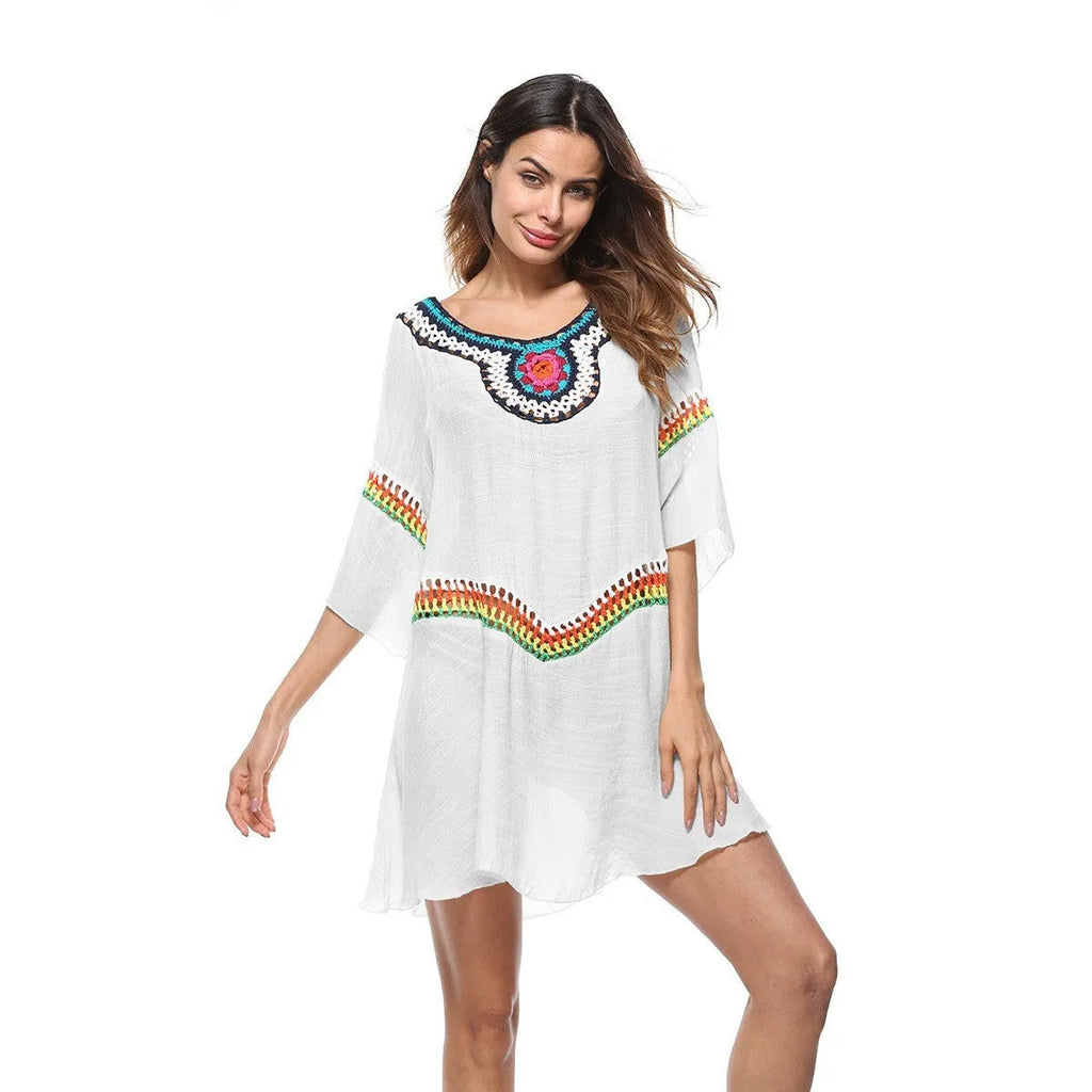 Crocheted ethnic style beach clothing for women in apricot colour with sun protection for swimming