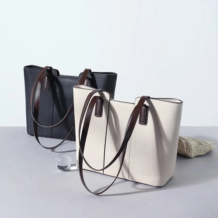 Genuine leather women's shoulder bag in box-type design with large capacity and mobile phone pocket