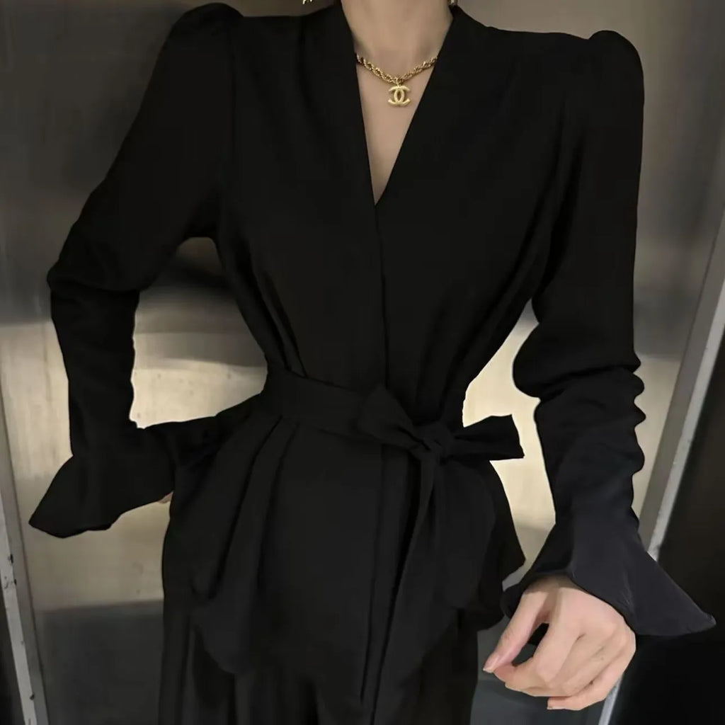 Women's French-style irregular collar long sleeve shirt with bell sleeves and tied front in black colour