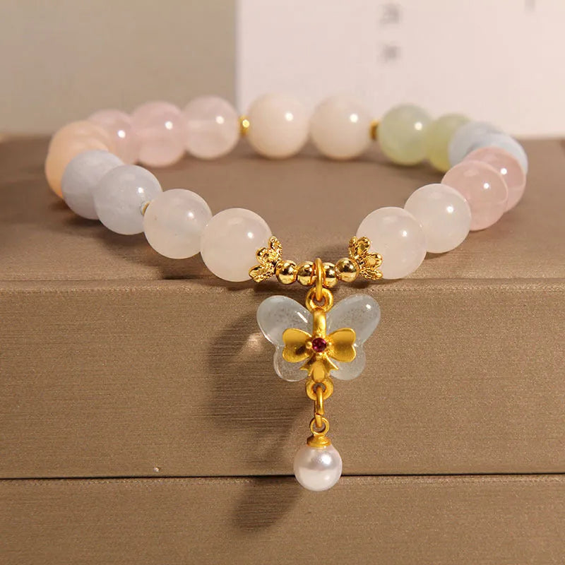 Women's morganite bracelet with colourful crystal jade beads and butterfly pendant in candy colours