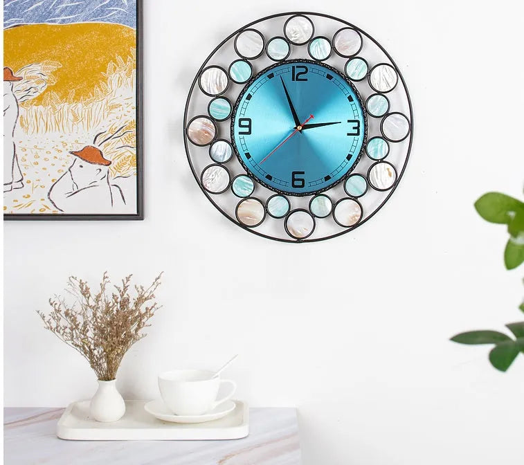 Real shell Nordic minimalist silent wall clock 39x39cm round metal dial flower moon design