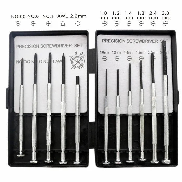 TH-6177 11-piece clock screwdriver set with cross and slotted heads on blue background