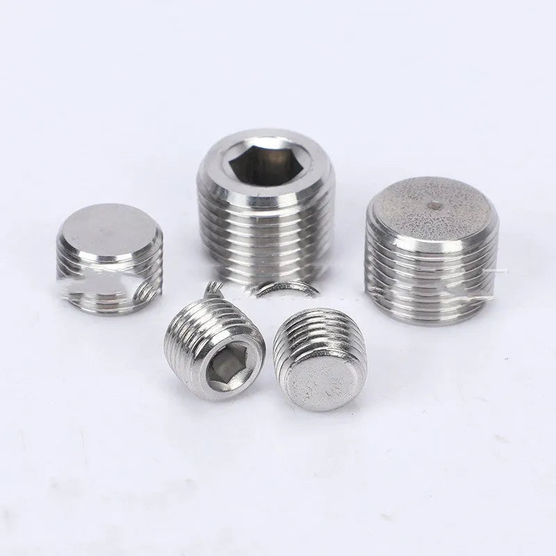 A single stainless steel pipe plug with a hexagonal head, shown against a white background.