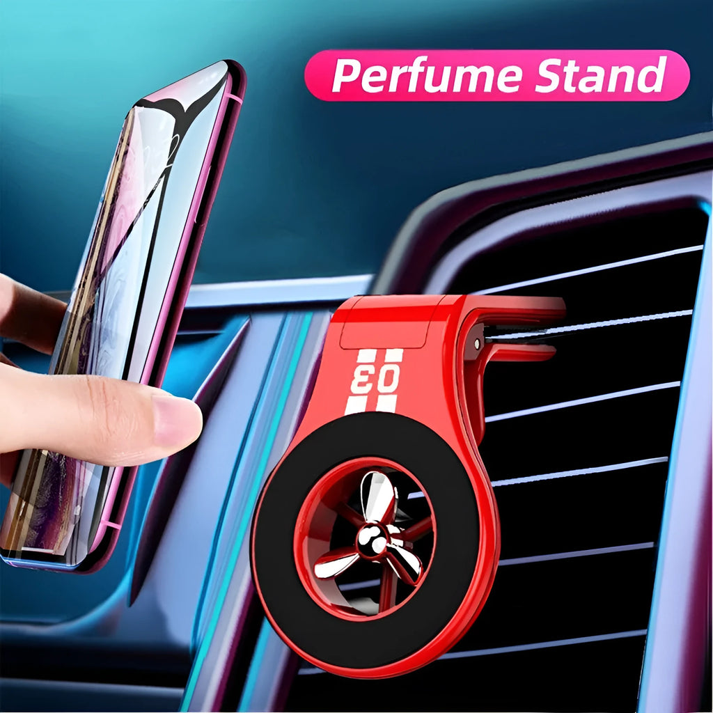 Black magnetic car air vent phone holder with adjustable mount and fragrance slice compartment.