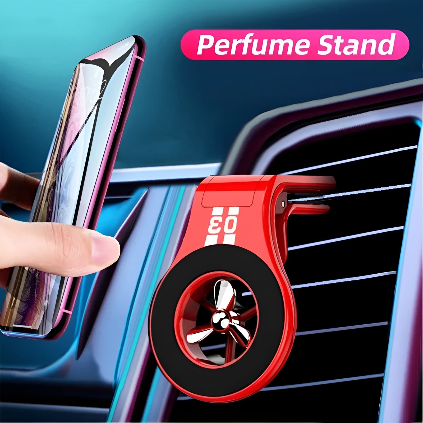 Black magnetic car air vent phone holder with adjustable mount and fragrance slice compartment.