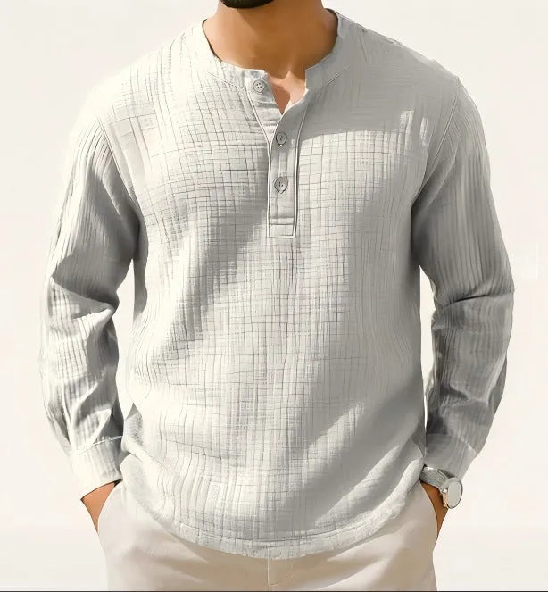 Cotton linen blend long sleeve shirt with 3/4 ruffle sleeves in slim fit pullover style