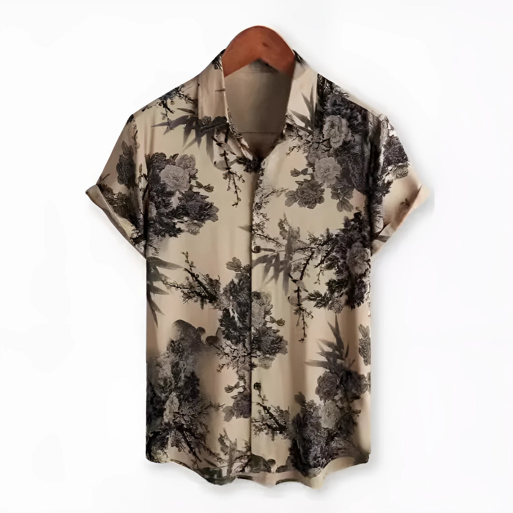Short sleeve cardigan shirt with a Hawaiian floral pattern printed on the lapel, made from elastic polyester fabric.