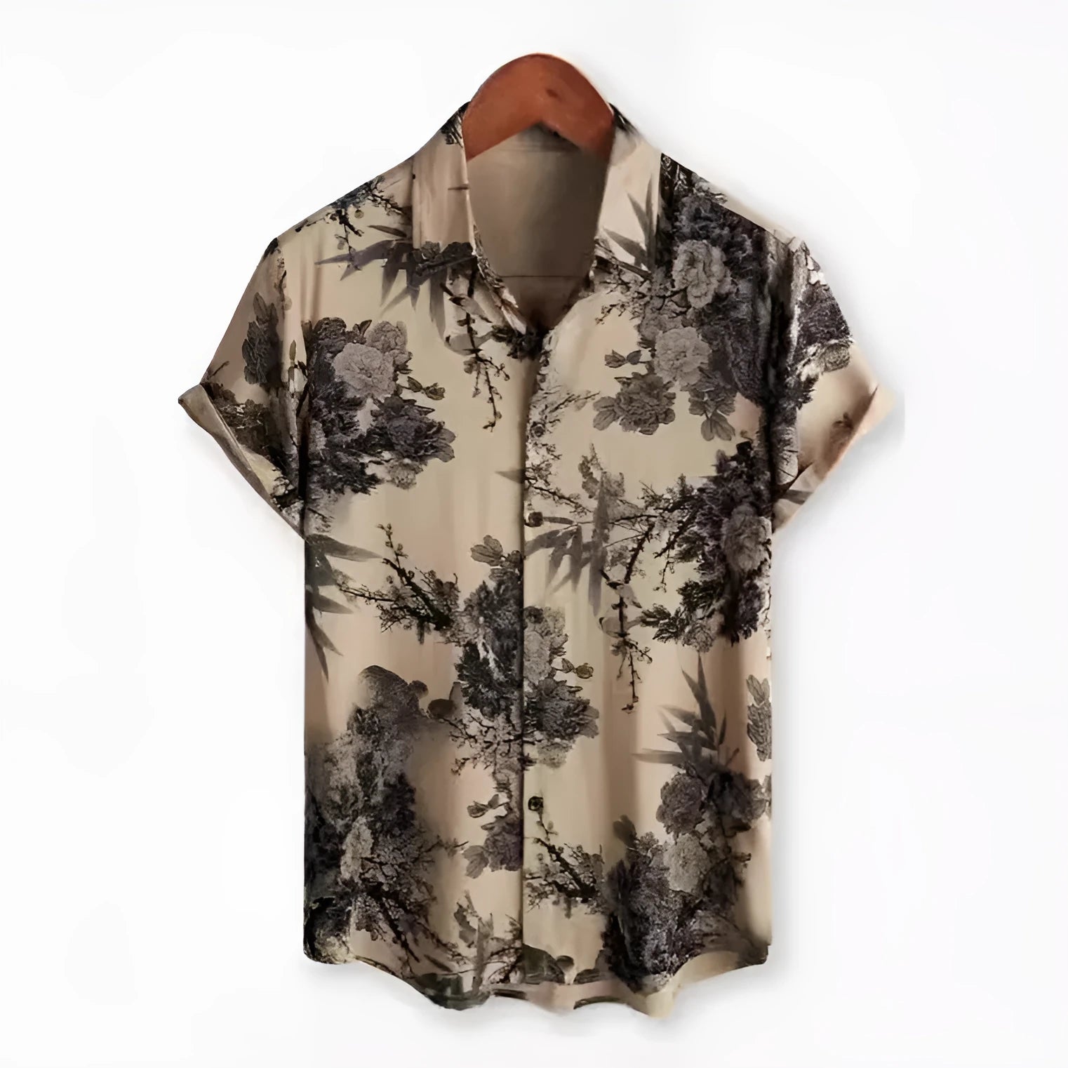 Short sleeve cardigan shirt with a Hawaiian floral pattern printed on the lapel, made from elastic polyester fabric.