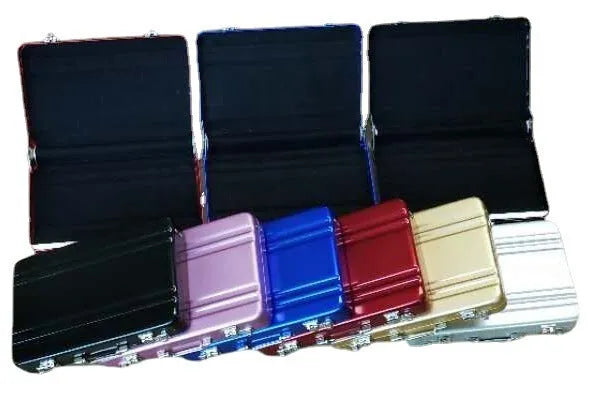 Aluminium alloy card holder in six colour options showing slim 16mm profile