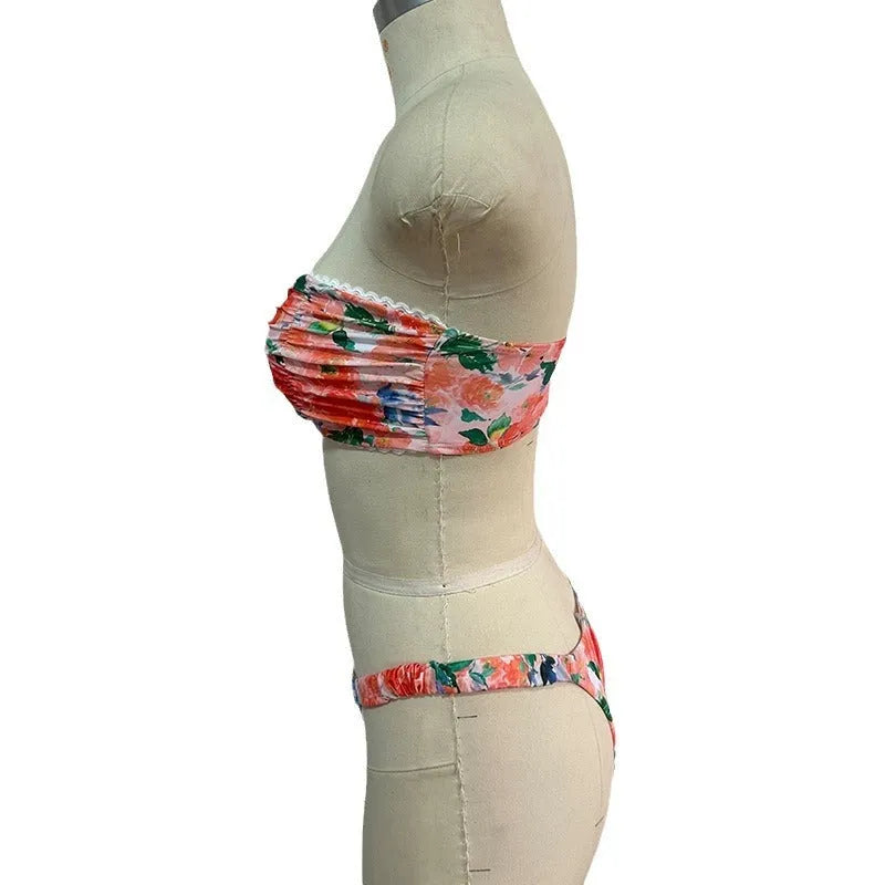 European style floral printed swimwear bikini set with tube top and briefs in blue colour option
