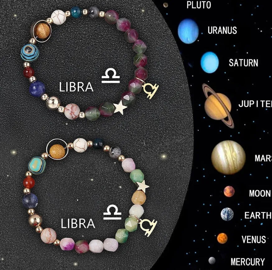 Natural stone beaded bracelets showing twelve zodiac signs with adjustable string closures