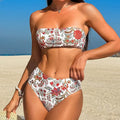 Women's printed bandeau swimsuit triangle bikini set with matching shorts for beach swimming