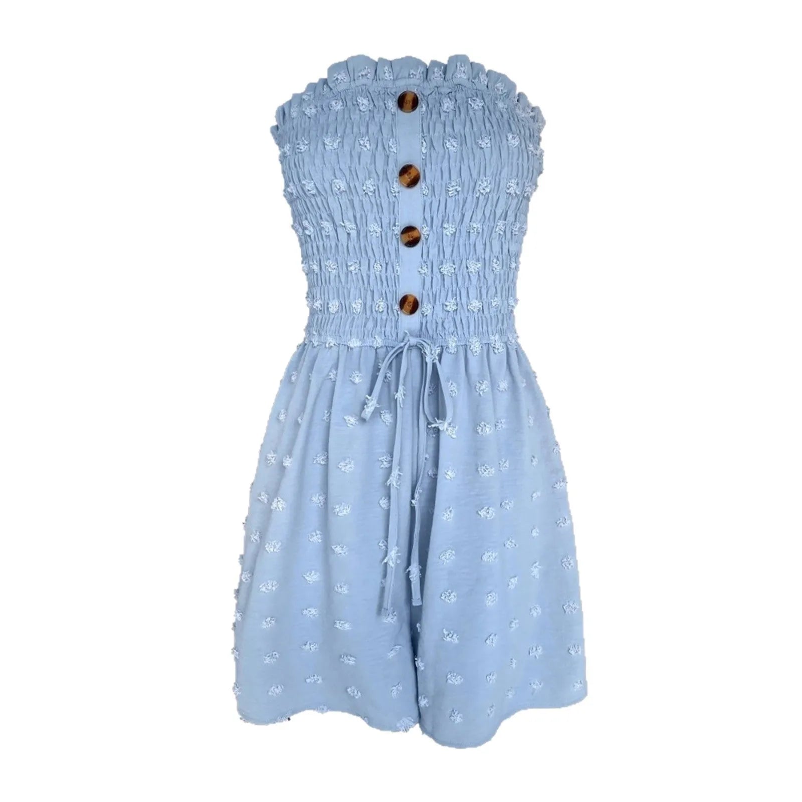 Women's sleeveless off-shoulder jumpsuit in polyester fabric showing button detailing and elastic waist