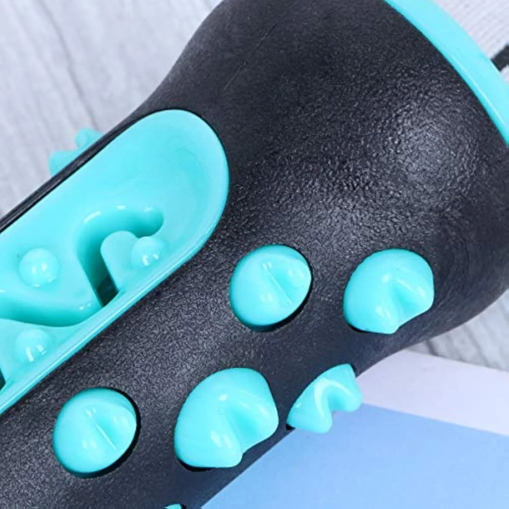 A blue natural rubber dog dental chew toy shaped as a textured stick, measuring 15cm long.