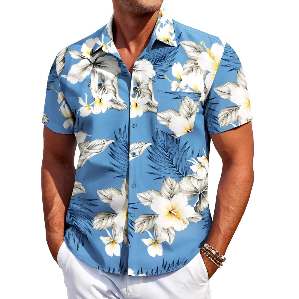 Men's slim-fit Hawaiian short sleeve shirt in elastic polyester fabric showing colour options and sizing