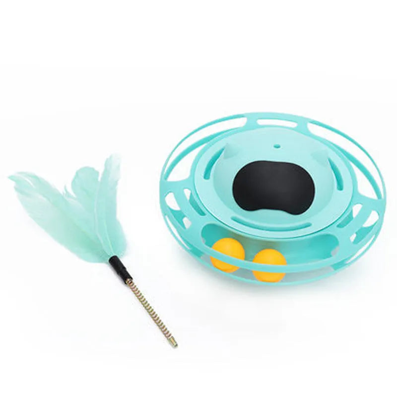 Pink cat tumbler turntable toy with moving stick measuring 17x10cm for interactive feline play