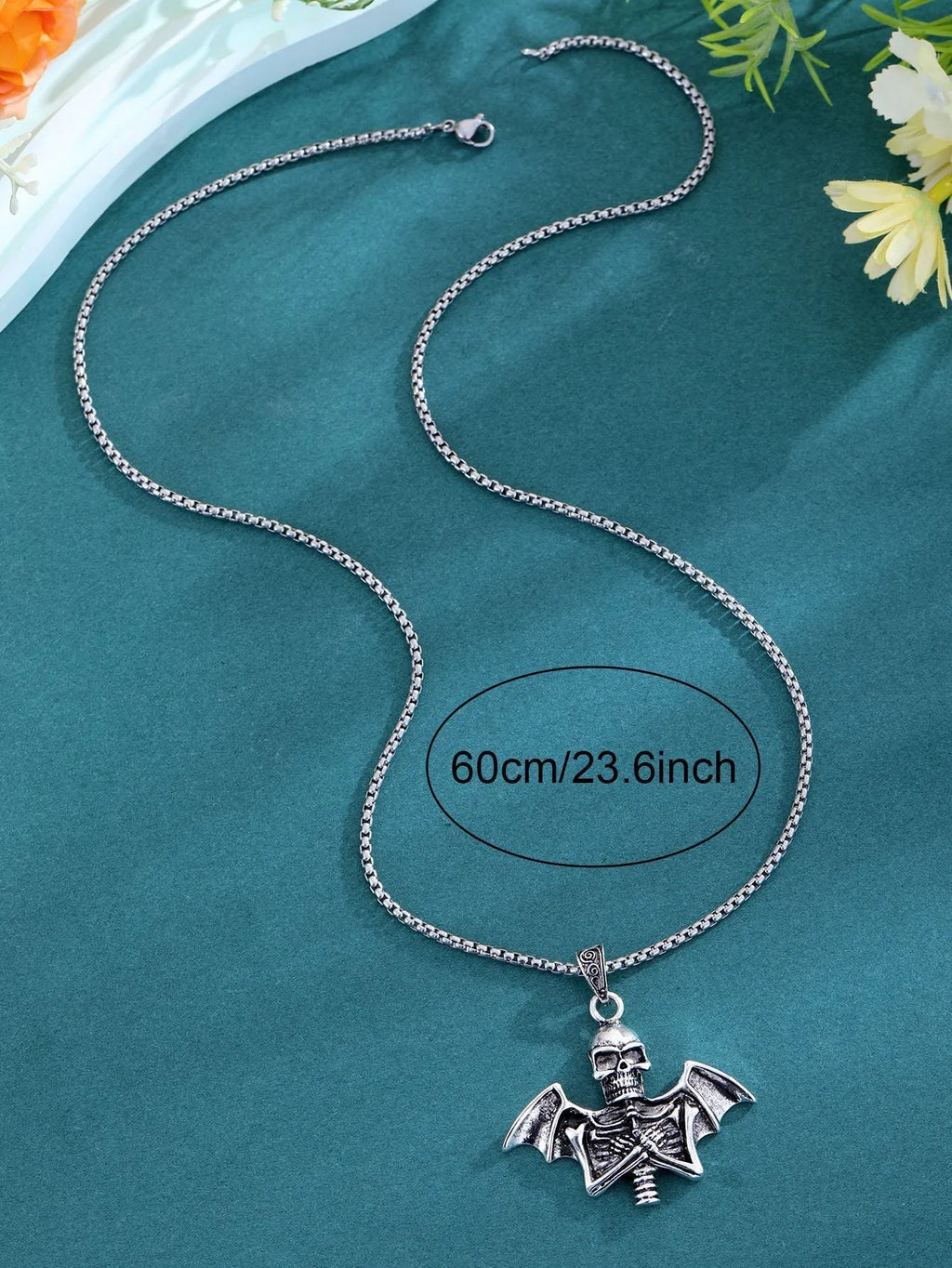 Angel skull retro punk men's collarbone chain necklace in stainless steel, silver-tone finish on dark background