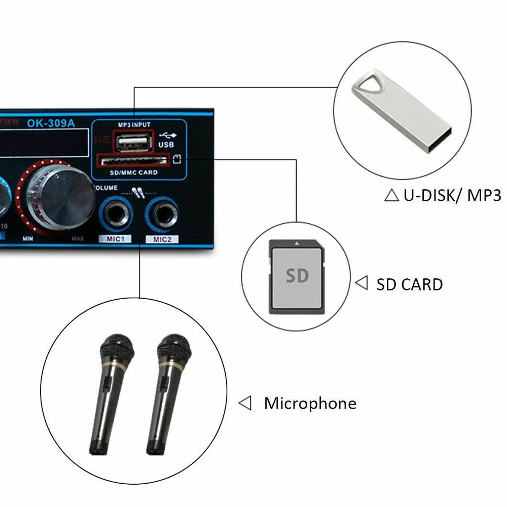 Black BT-309A-A dual-voltage stereo power amplifier with remote control for home and car audio.