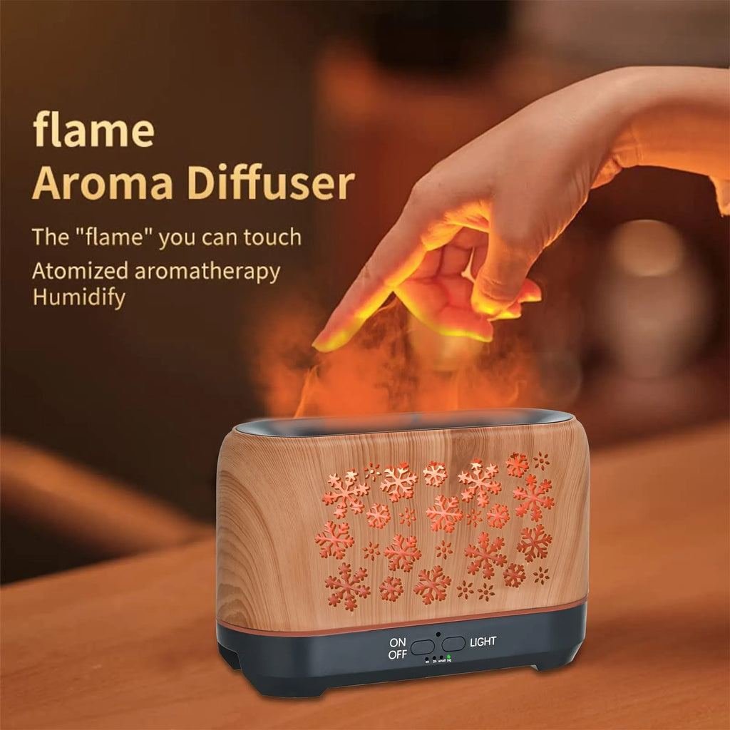 Square woodgrain aromatherapy humidifier with colourful snowflake pattern and multicoloured flame light effect.