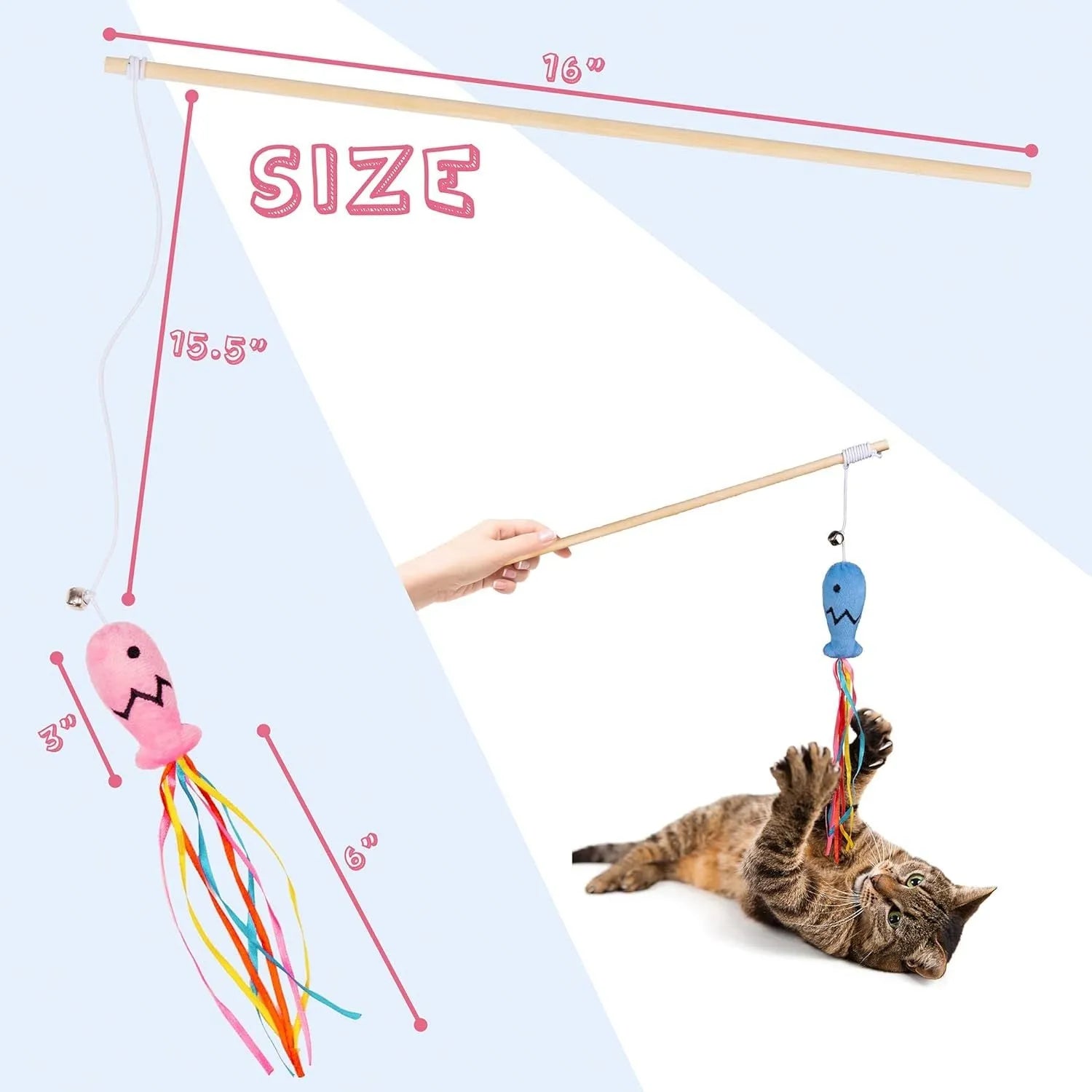 Cat wand toy with wooden handle, colourful ribbons, catnip fish, and bell attachment