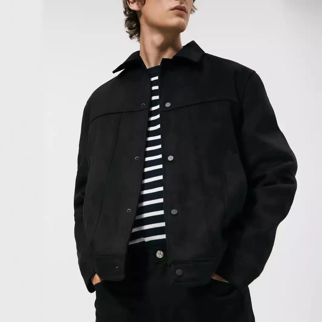 Men's black hooded jacket with suede collar in regular fit for spring leisure wear