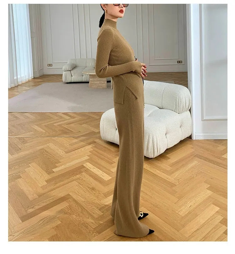 Women's knitted three-piece set showing wide-leg pants, top, and sweater cardigan in urban style