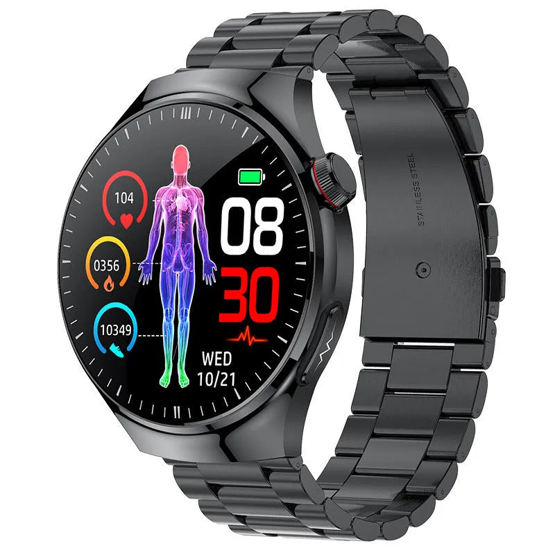 Bluetooth calling smart watch with AMOLED screen and black steel strap showing health monitoring features