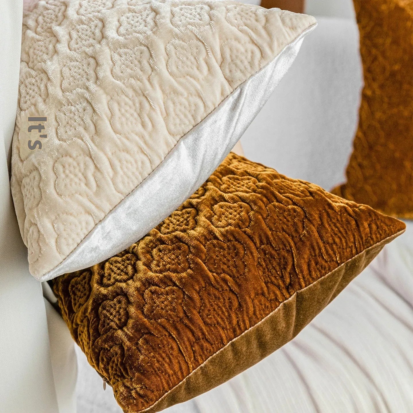Brown gold antique style three-dimensional quilted cushion pillow with plum pattern in square and waist sizes