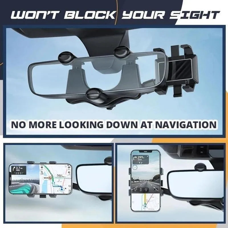 Black rearview mirror car phone holder with 360-degree rotation and retractable arm