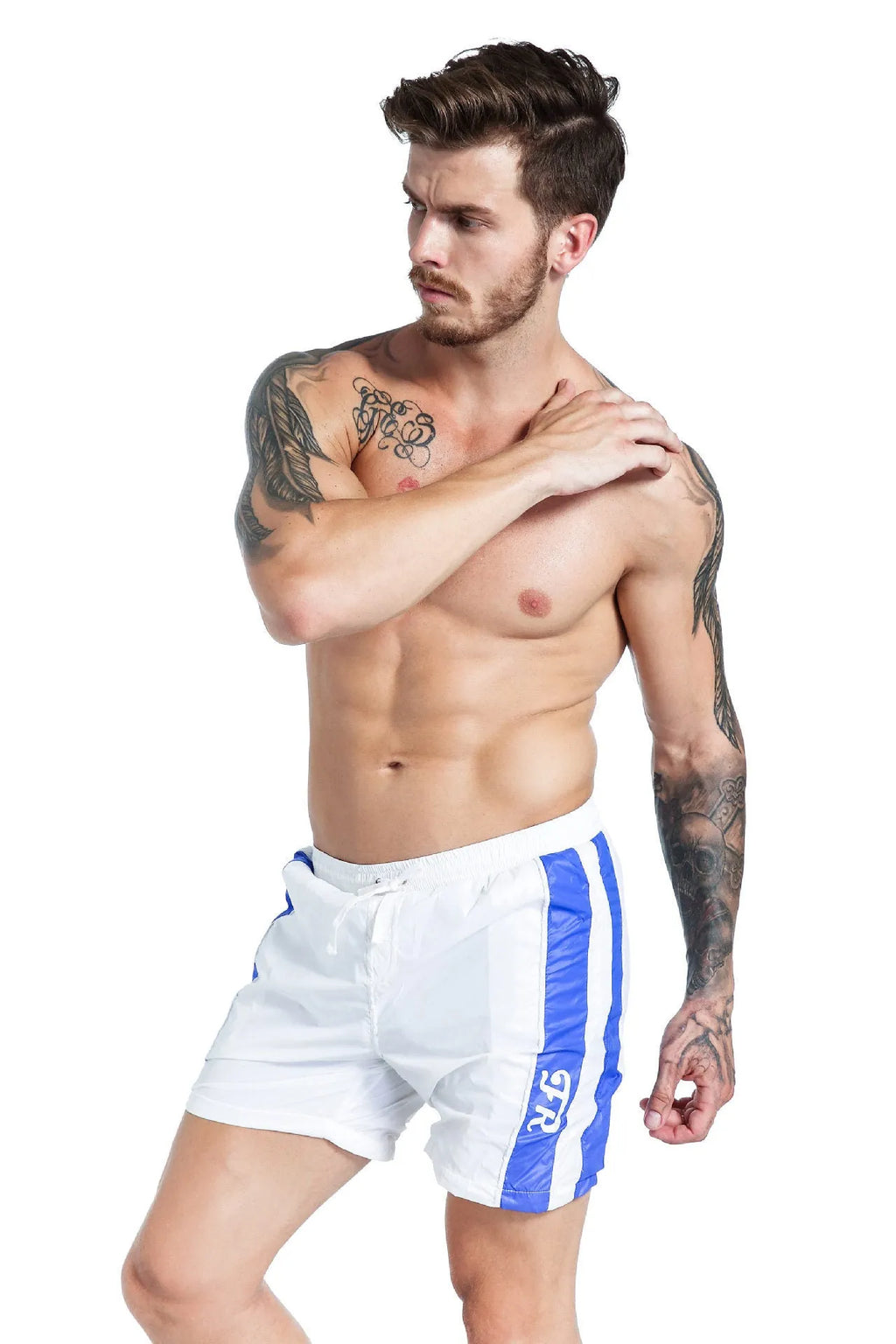 Men's blue lace-up sports shorts with slim fit and polyester stretch fabric