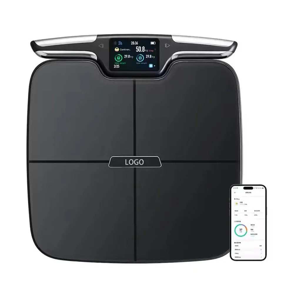 Black eight-electrode intelligent body fat and weight scale for home use.