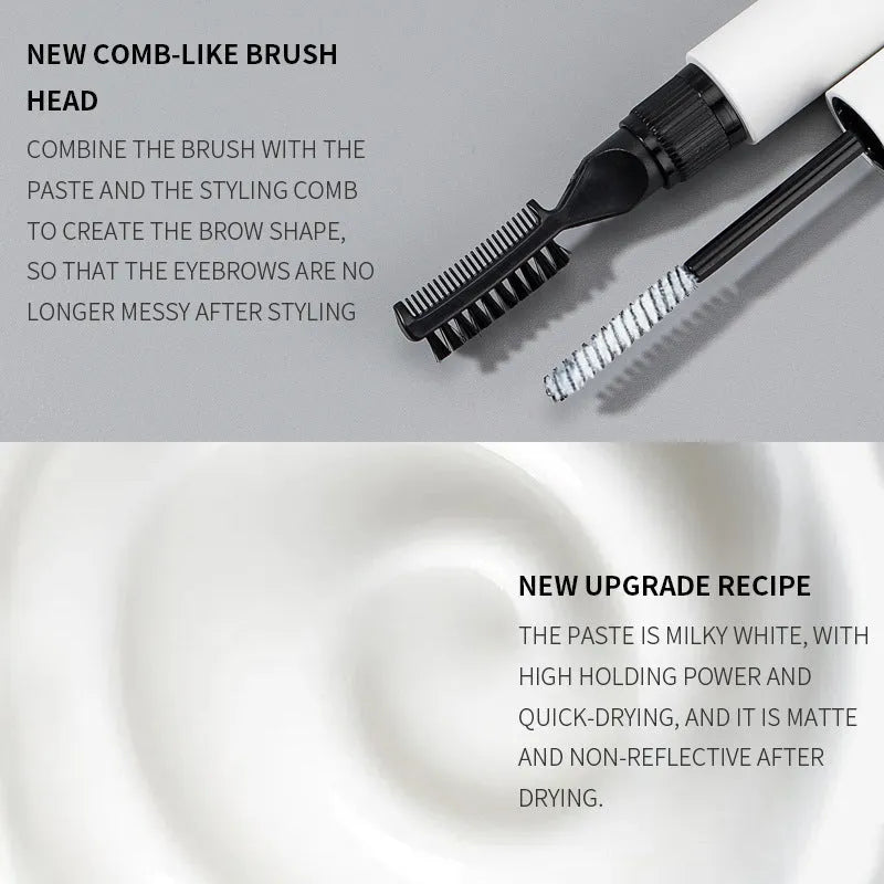 Eyebrow mould shaping brush and bottle of liquid eyebrow glue in pink or white.