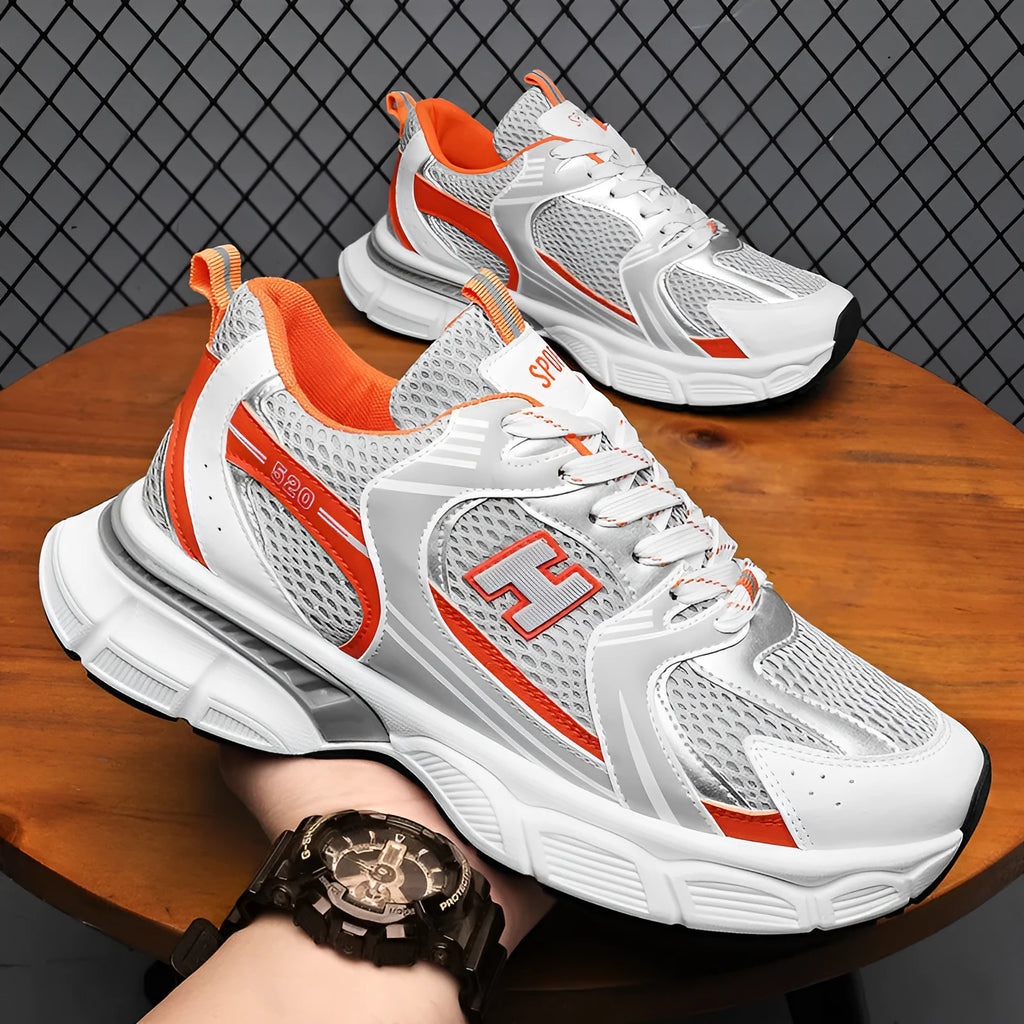 Men's mesh running shoes with plastic sole in black, white and grey, and white orange colour options