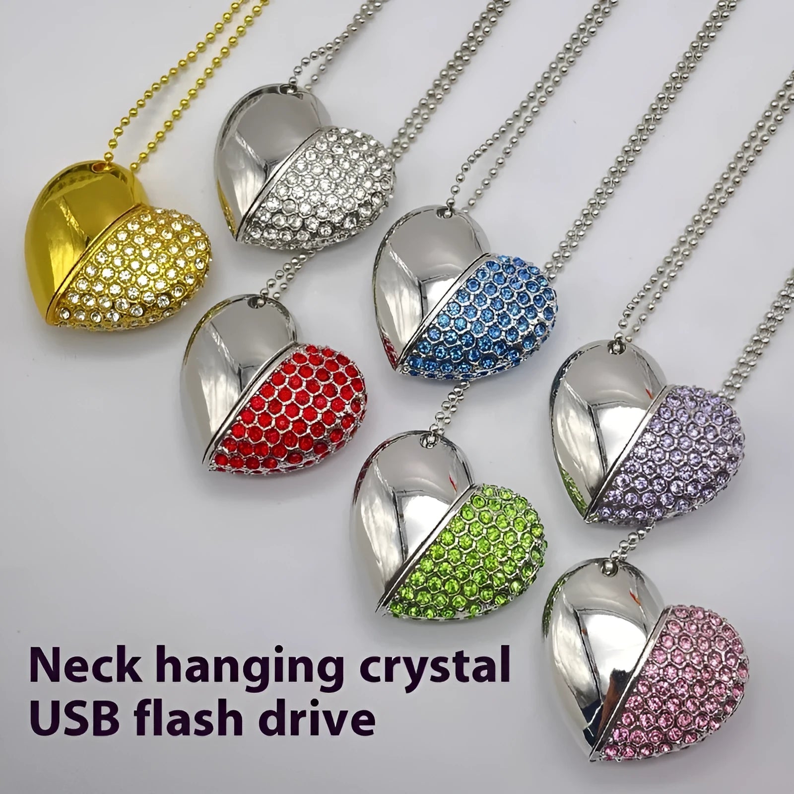 Heart-shaped metal USB flash drive with a brick pattern, showing colour options and USB connector.