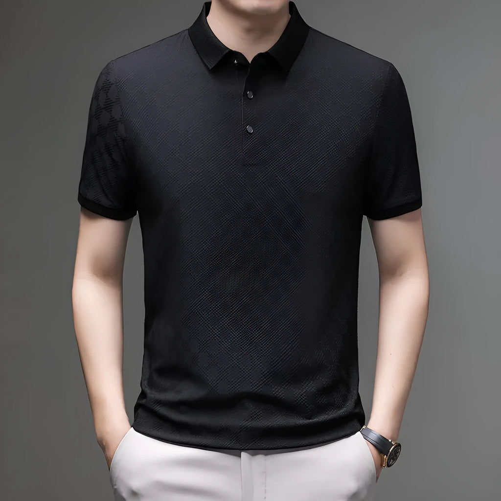 Rhombus patterned thin ice silk short sleeve t-shirt with a slit detail, shown in a colour option.