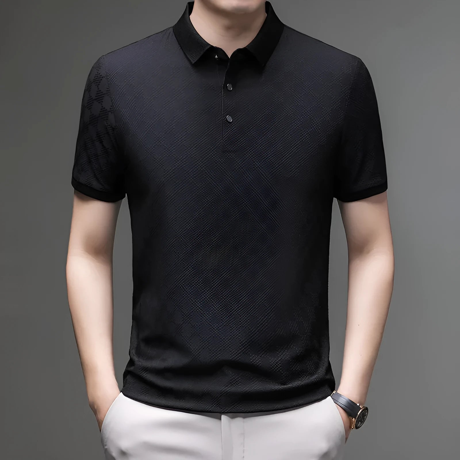 Rhombus patterned thin ice silk short sleeve t-shirt with a slit detail, shown in a colour option.