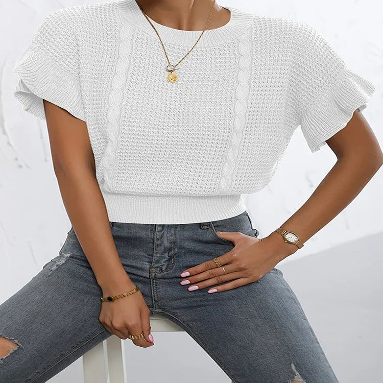 Knitted pullover sweater with ruffled short sleeves in Japanese Korean casual style