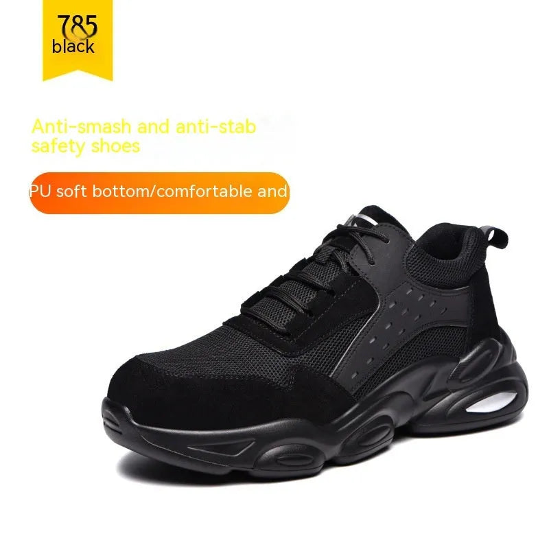 Mesh breathable black industrial safety shoes with PU sole for anti-smash and anti-puncture protection.